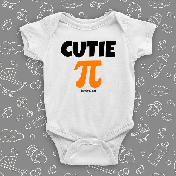 The "Cutie Pie" graphic baby onesies in white.