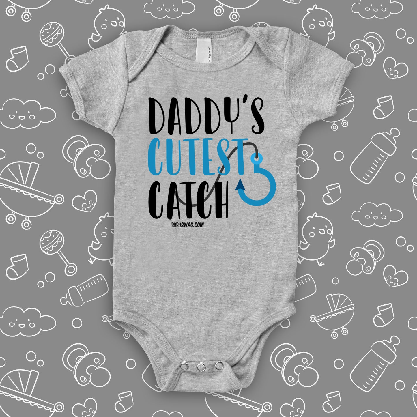 The "Daddy's Cutest Catch" cute baby onesies in grey. 