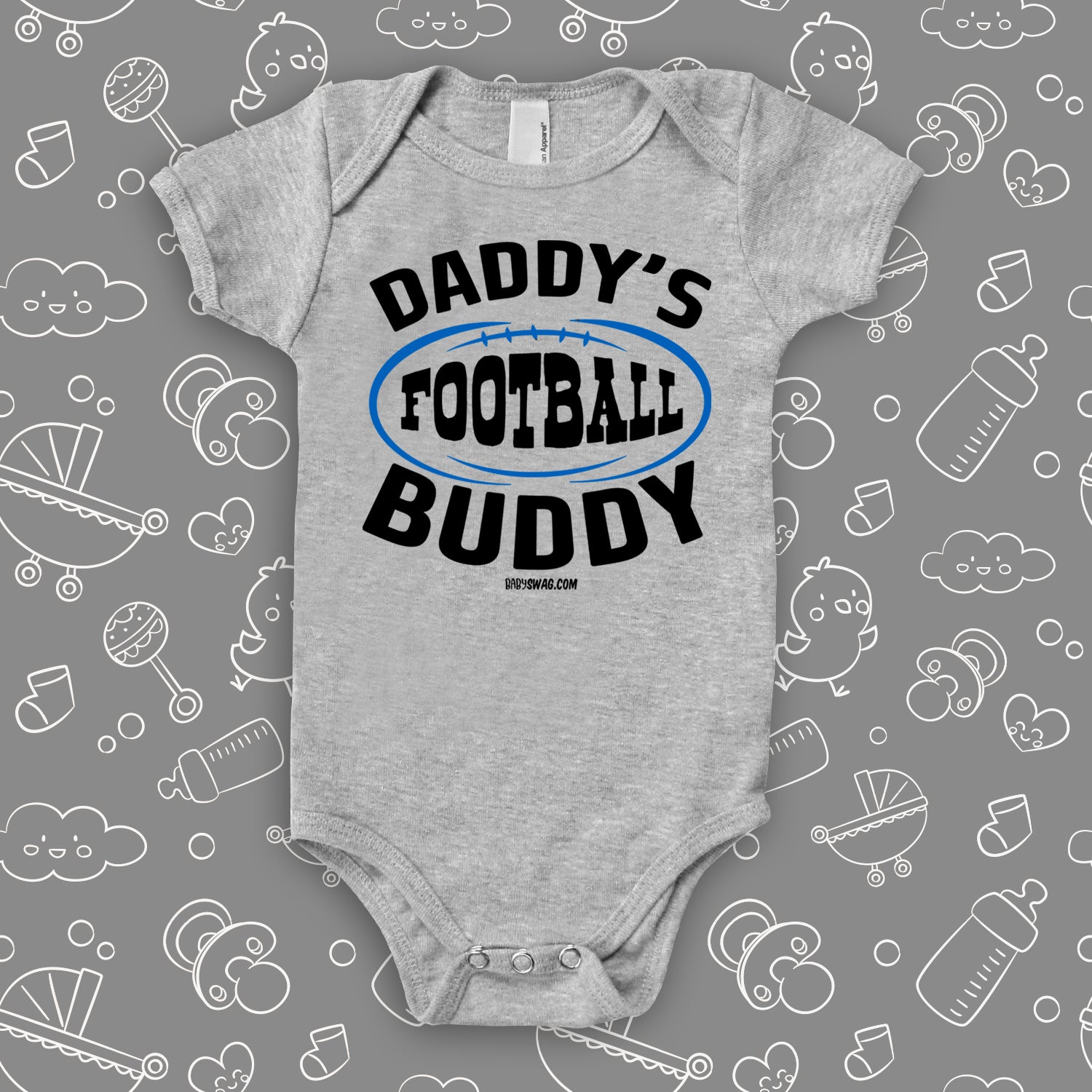 Cute baby boy onesies with saying "Daddy's Football Buddy" in grey. 