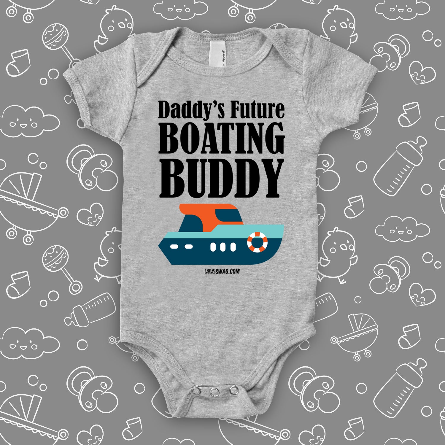  Unique baby boy onesies with saying "Daddy's Future Boating Buddy" in grey. 