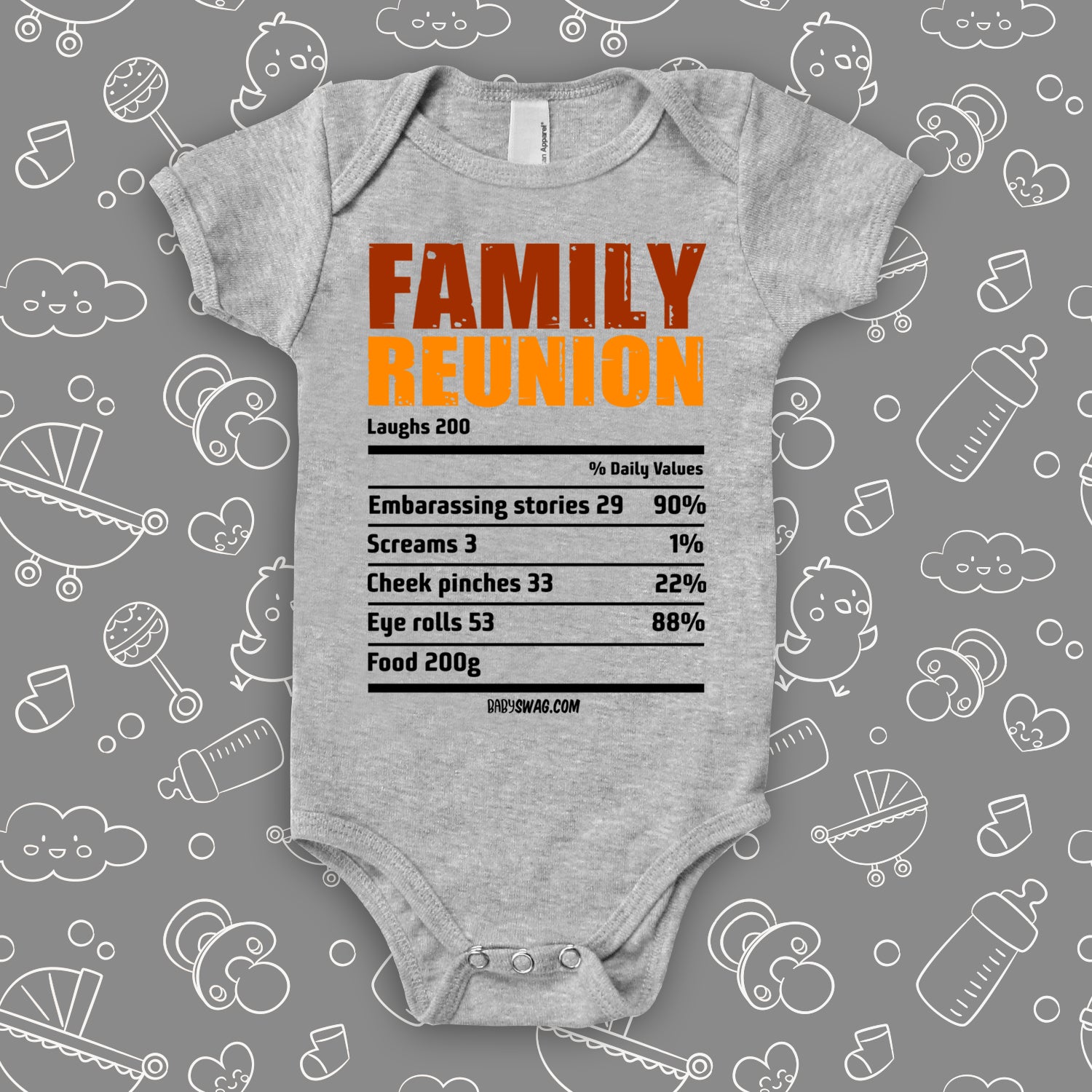 The "Family Reunion" cute baby onesies in grey.