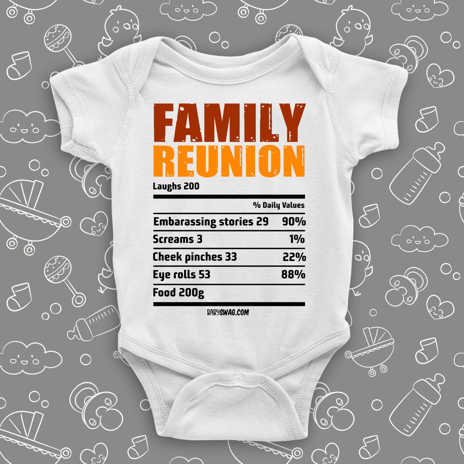 The "Family Reunion" cute baby onesies in white. 