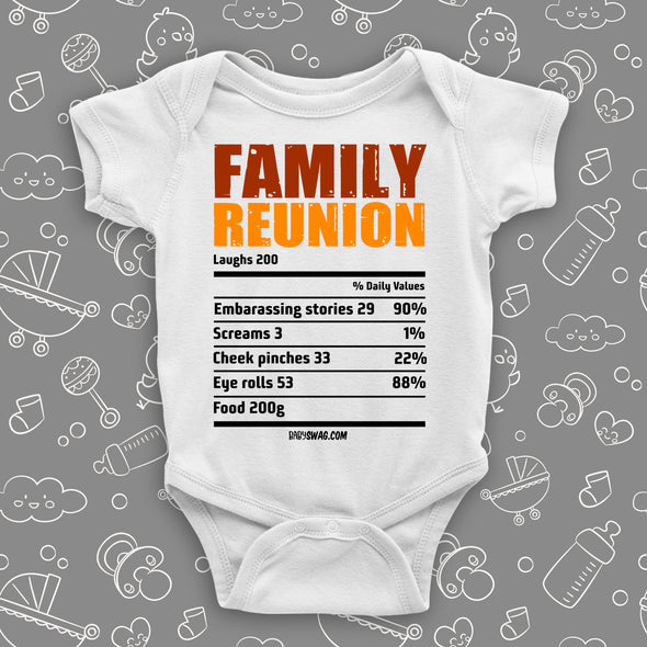 The "Family Reunion" cute baby onesies in white. 