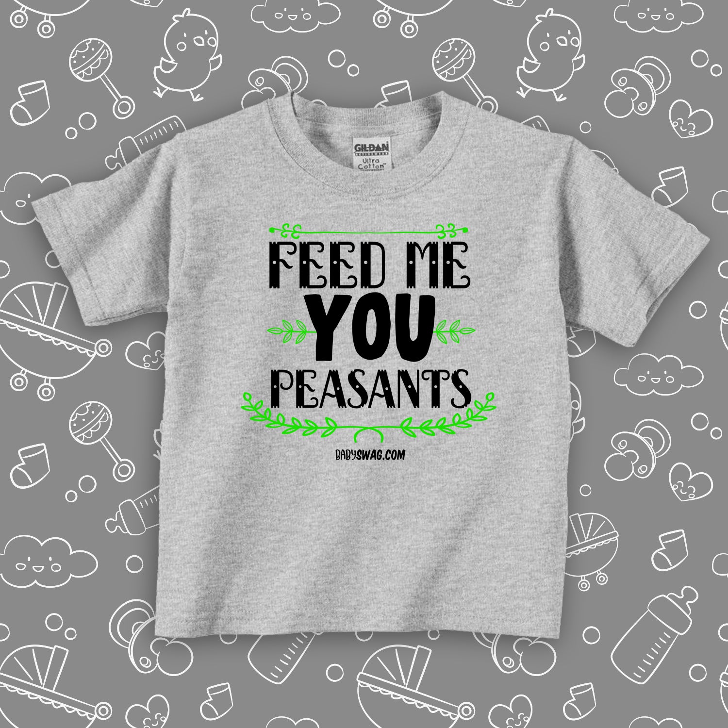 The ''Feed Me You Peasants'' funny toddler shirts in grey.