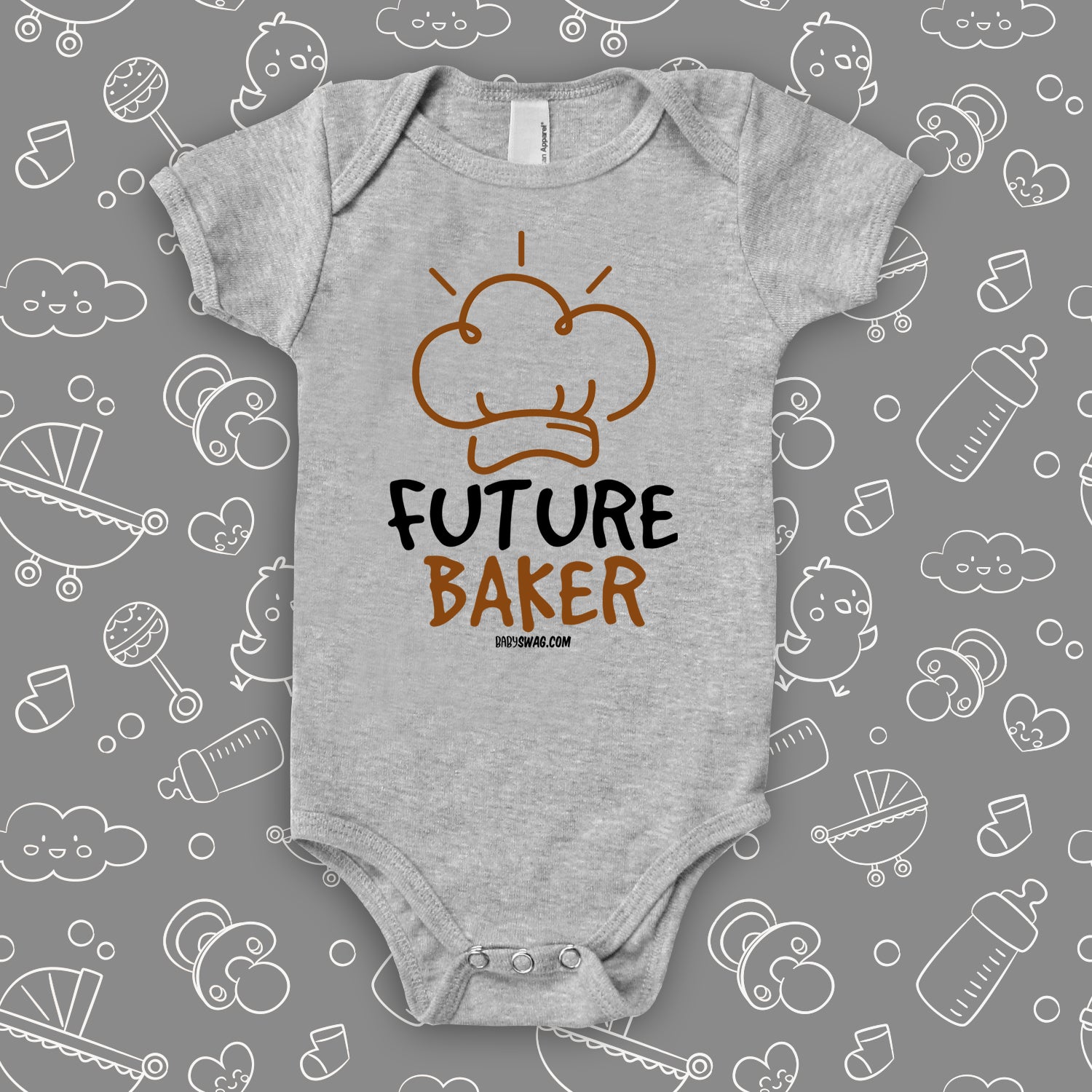 Cool baby onesie with "Future chef" print in grey.