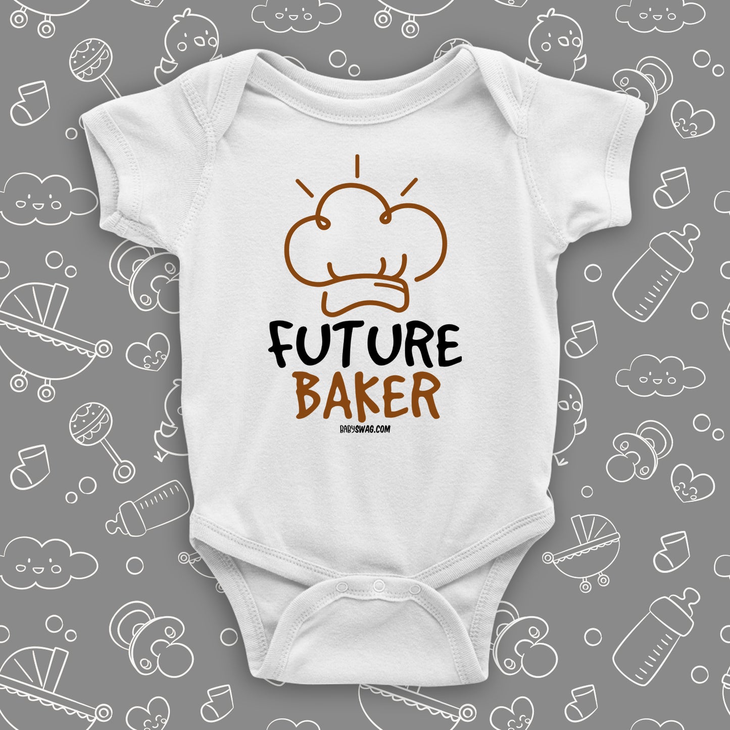 Cool baby onesie with "Future chef" print in white.