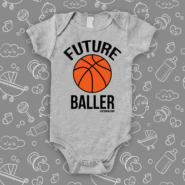 The "Future Baller" cool baby onesies in grey. 