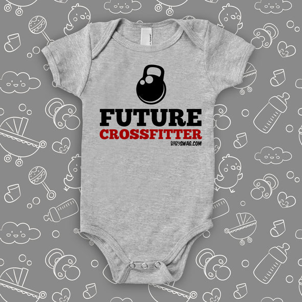The "Future Crossfitter" cute baby onesies in grey. 