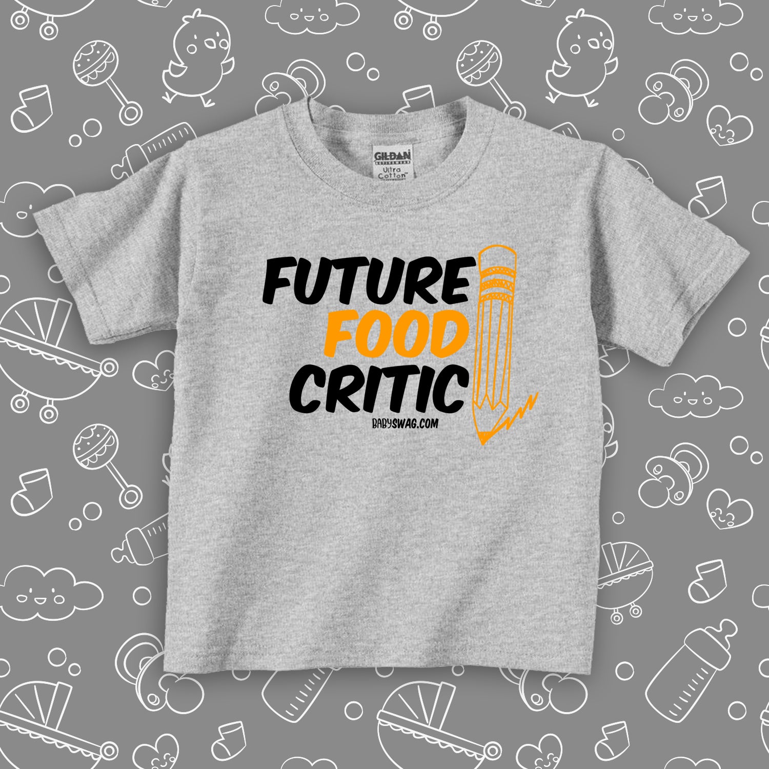 White funny toddler graphic tee saying "Future Food Critic", color grey.