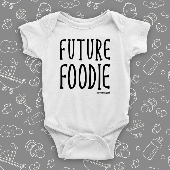 Unique baby onesie with saying "Future Foodie" in white.