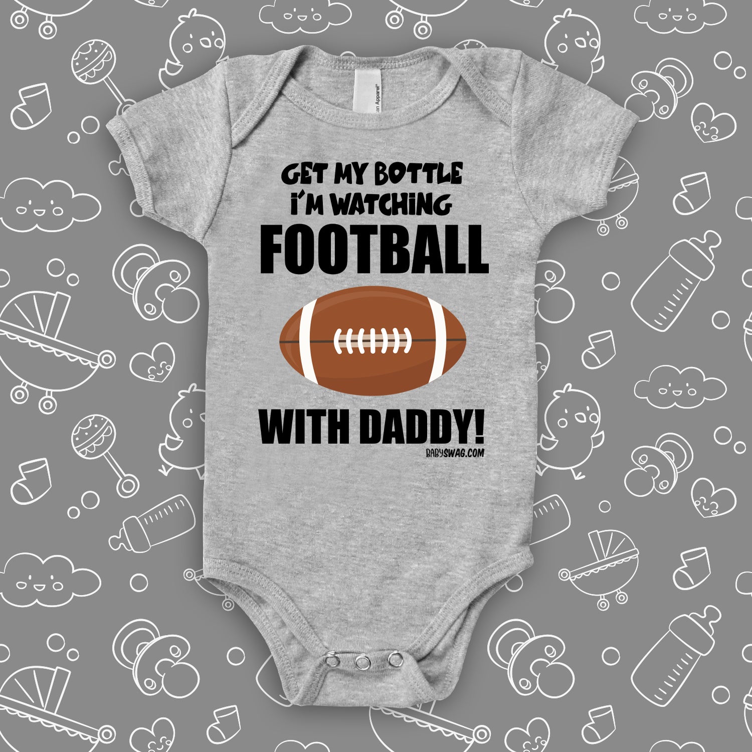Cute baby boy onesies with saying "Get My Bottle I'm Watching Football With daddy"