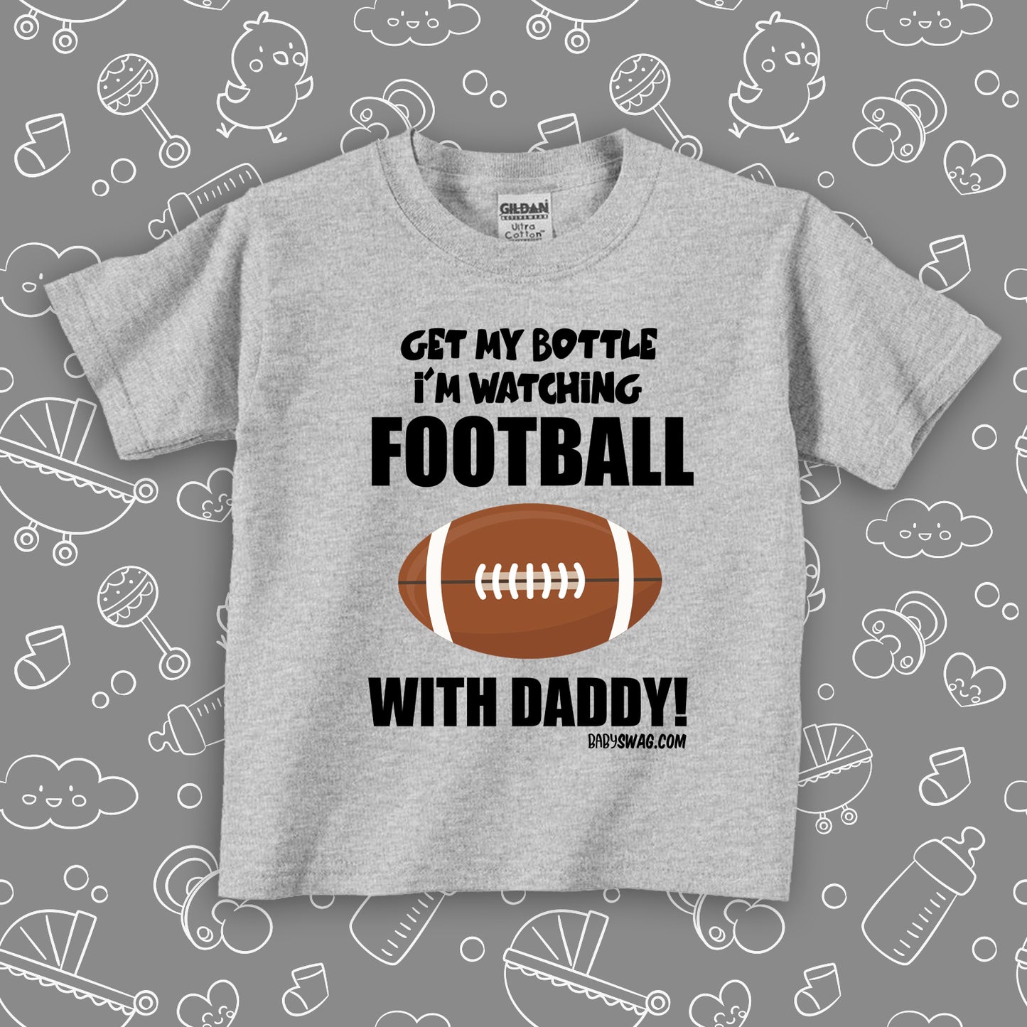 The "Get My Bottle I'm Watching Football With Daddy" funny toddler boy shirt in grey. 
