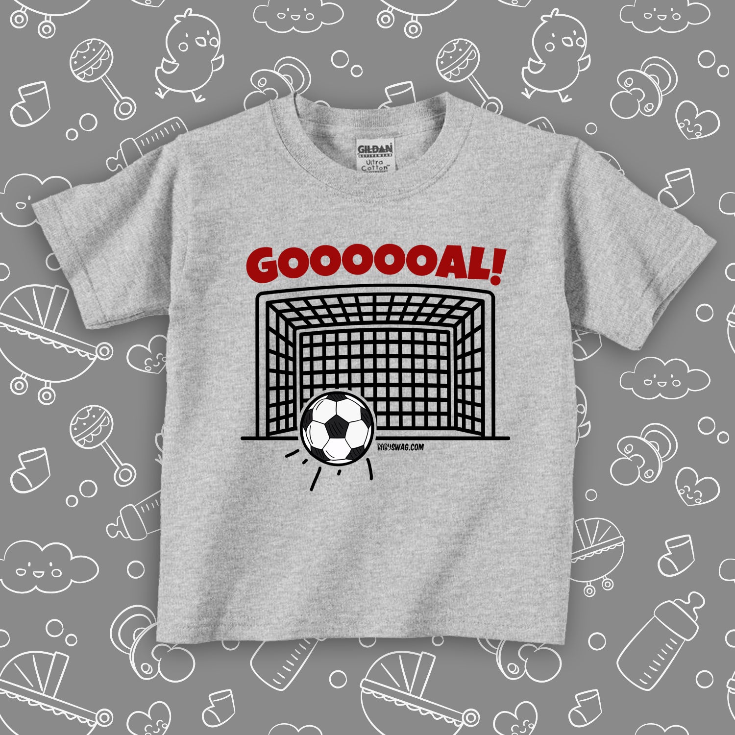 The "Goooooal!" toddler boy graphic tees in grey. 