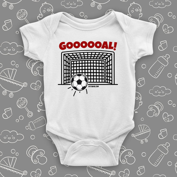 Graphic baby onesies with an image of a goal and soccer ball and caption "Goooooal!" in white.