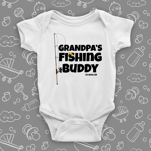 Cute baby onesies with a saying "Grandpa's Fishing Buddy" in white.