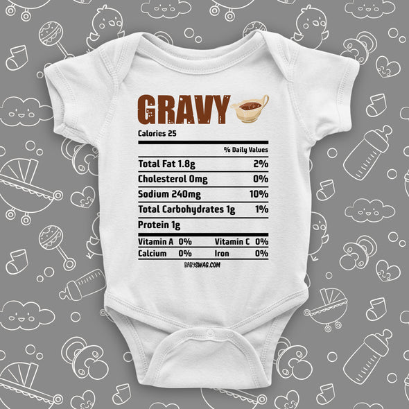 The "Gravy Nutrition Facts" graphic baby onesies in white.