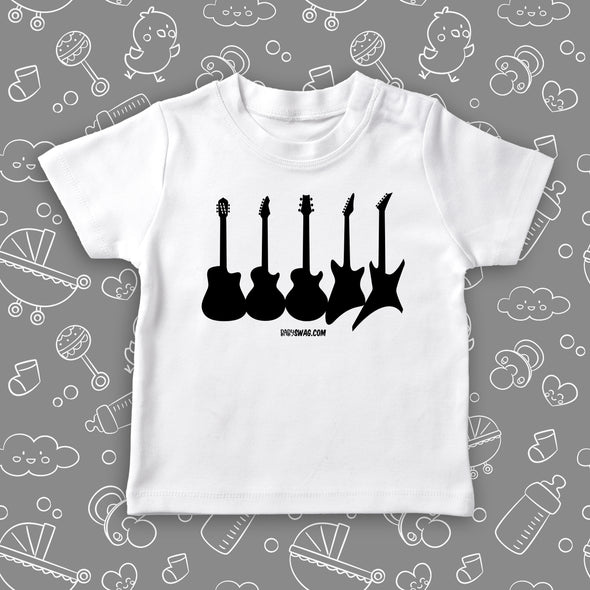 The "Guitars" toddler graphic tees with a print of four guitars in white.