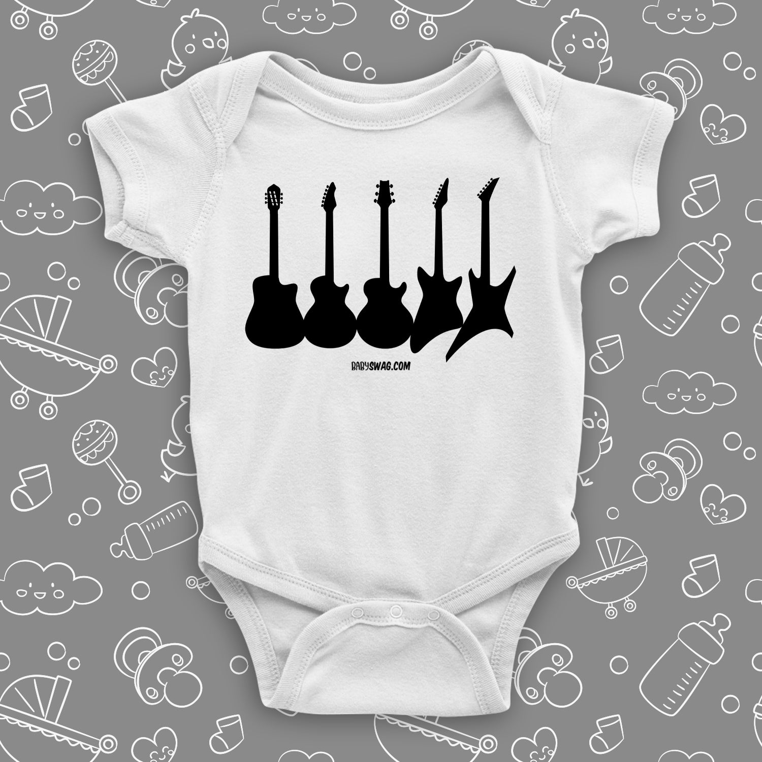 Rock N Roll onesie with saying "Guitar Collections" in white.