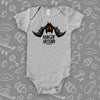 Grey cute baby onesies saying "Hangin' Around" with an image of a bat. 