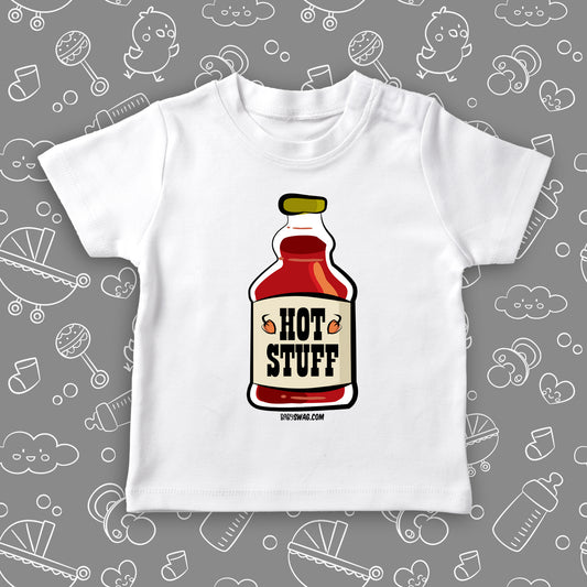 A white toddler graphic tee with an image of a bottle of "Hot Stuff"
