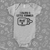 The "I Enjoy A Little Formula" graphic baby onesies in grey. 