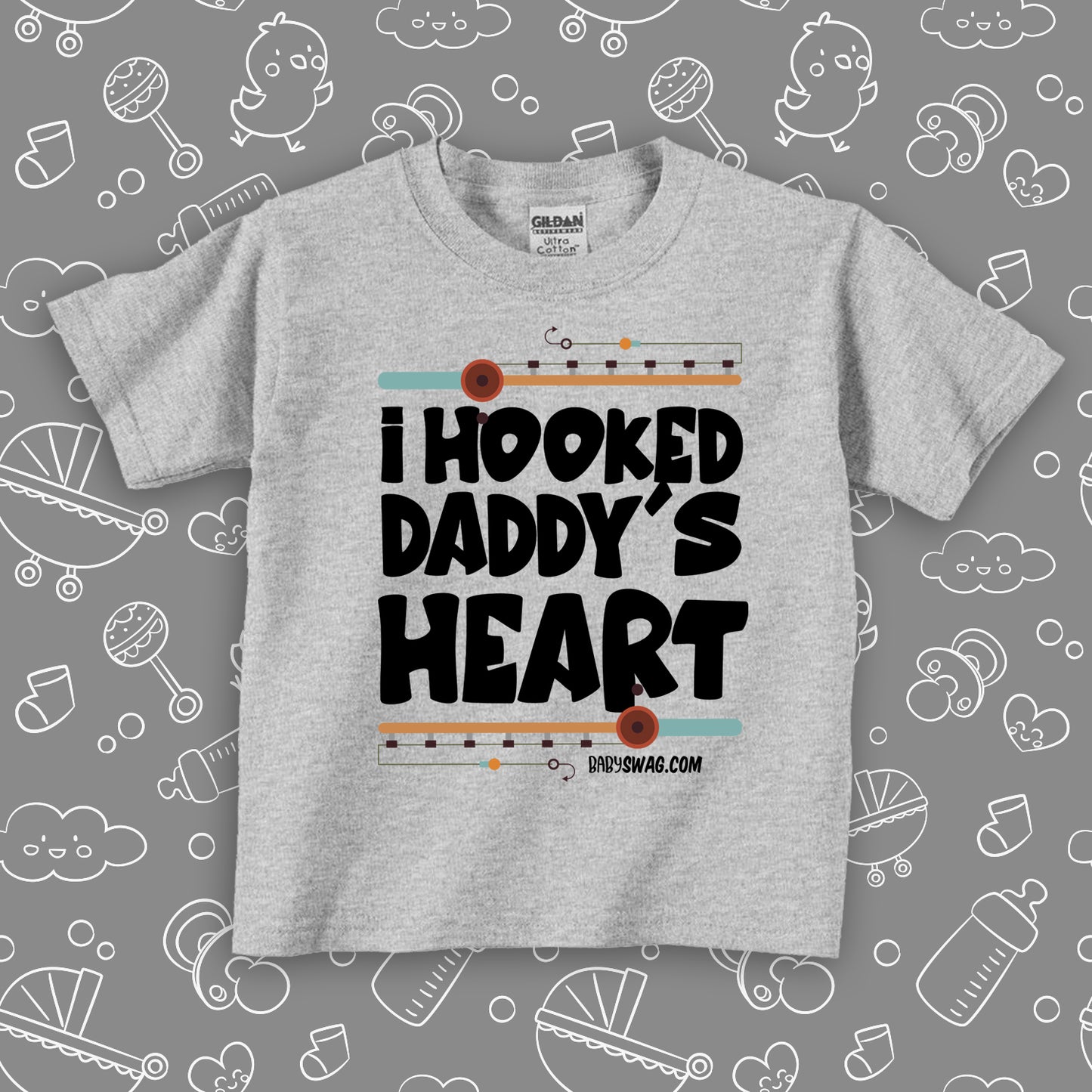 "I Hooked Daddy's Heart " cute toddler shirt in grey. 