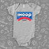 Funny baby boy onesies with saying "I Hoop So Please Watch Your Ankle" in grey.  