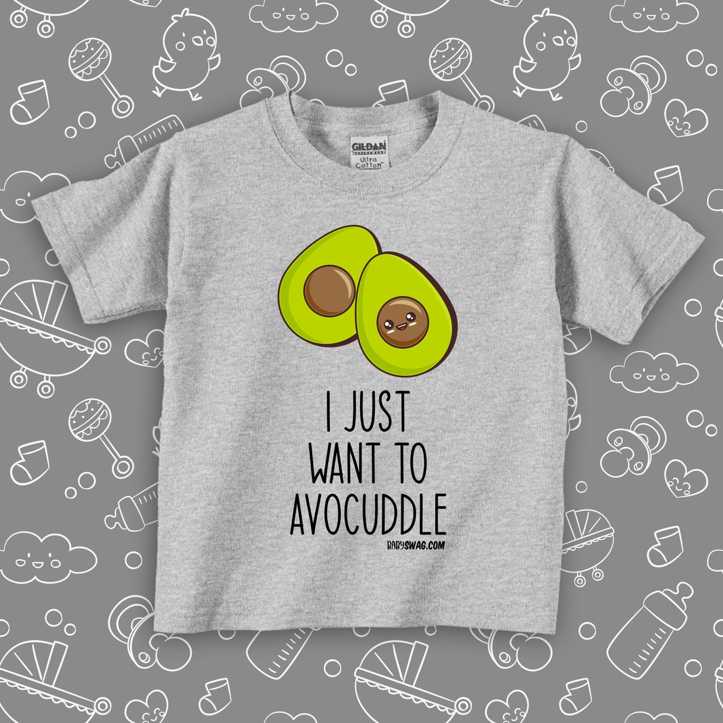Toddler graphic tees with saying "I Just Want To Avocaddle" in grey. 