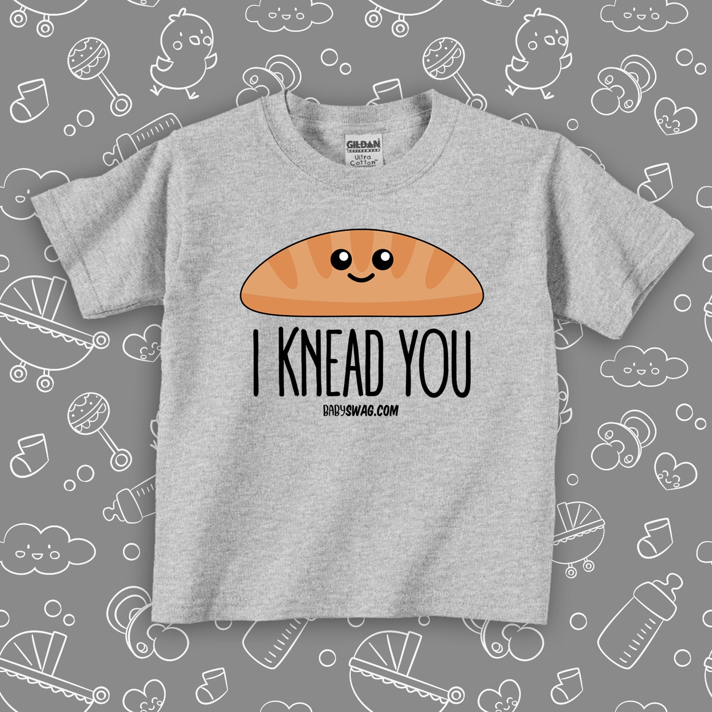 Cool toddler shirt saying "I Knead You", in grey. 