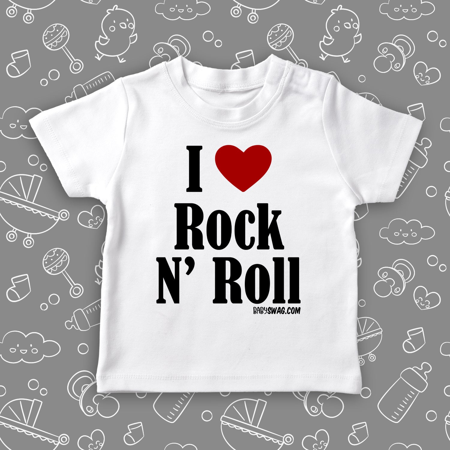 Toddler shirts with saying "I Love Rock And Roll" in white.