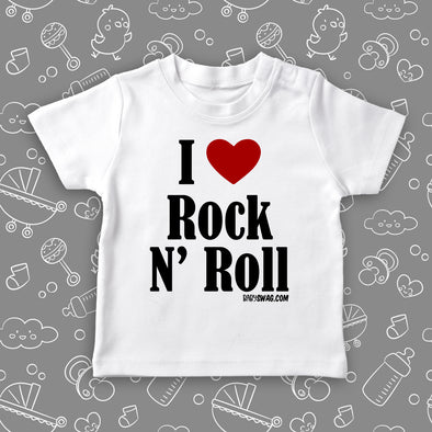 Toddler shirts with saying "I Love Rock And Roll" in white.
