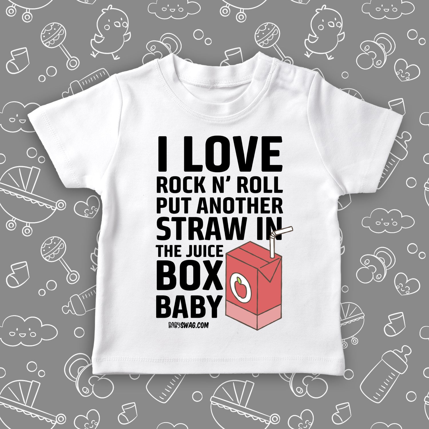 Funny toddler graphic tee with saying "I Love Rock N' Roll, Put Another Straw In The Juice Box Baby" in white.