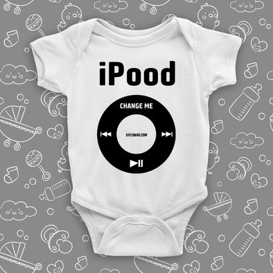 The "I Pood" graphic baby onesies in white.