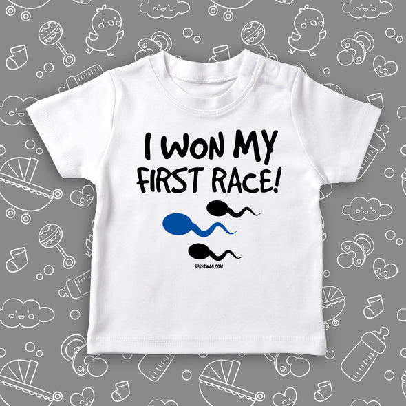 Cool toddler shirt saying "I Won My First Race!", in color white.