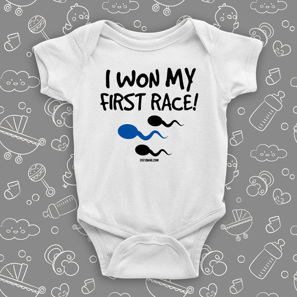 Funny baby onesies with saying "I Won My First Race!" in white.