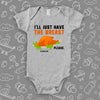 Funny baby onesies with saying "I'll Just Have The Breasts Please" in grey.