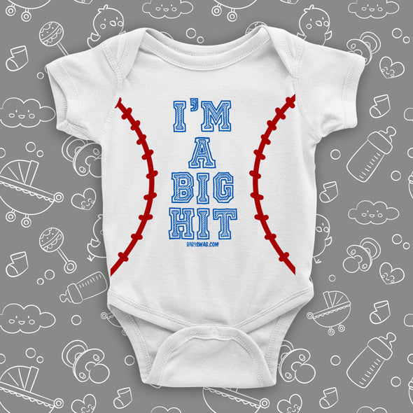 Funny baby onesies with saying "I'm A Big Hit" in white.