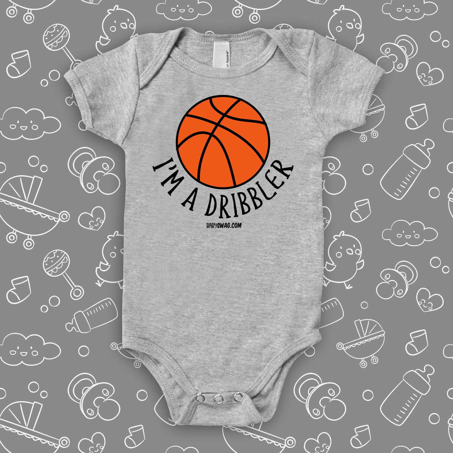 Baby boy onesies with saying "I'm A Dribbler" in grey. 