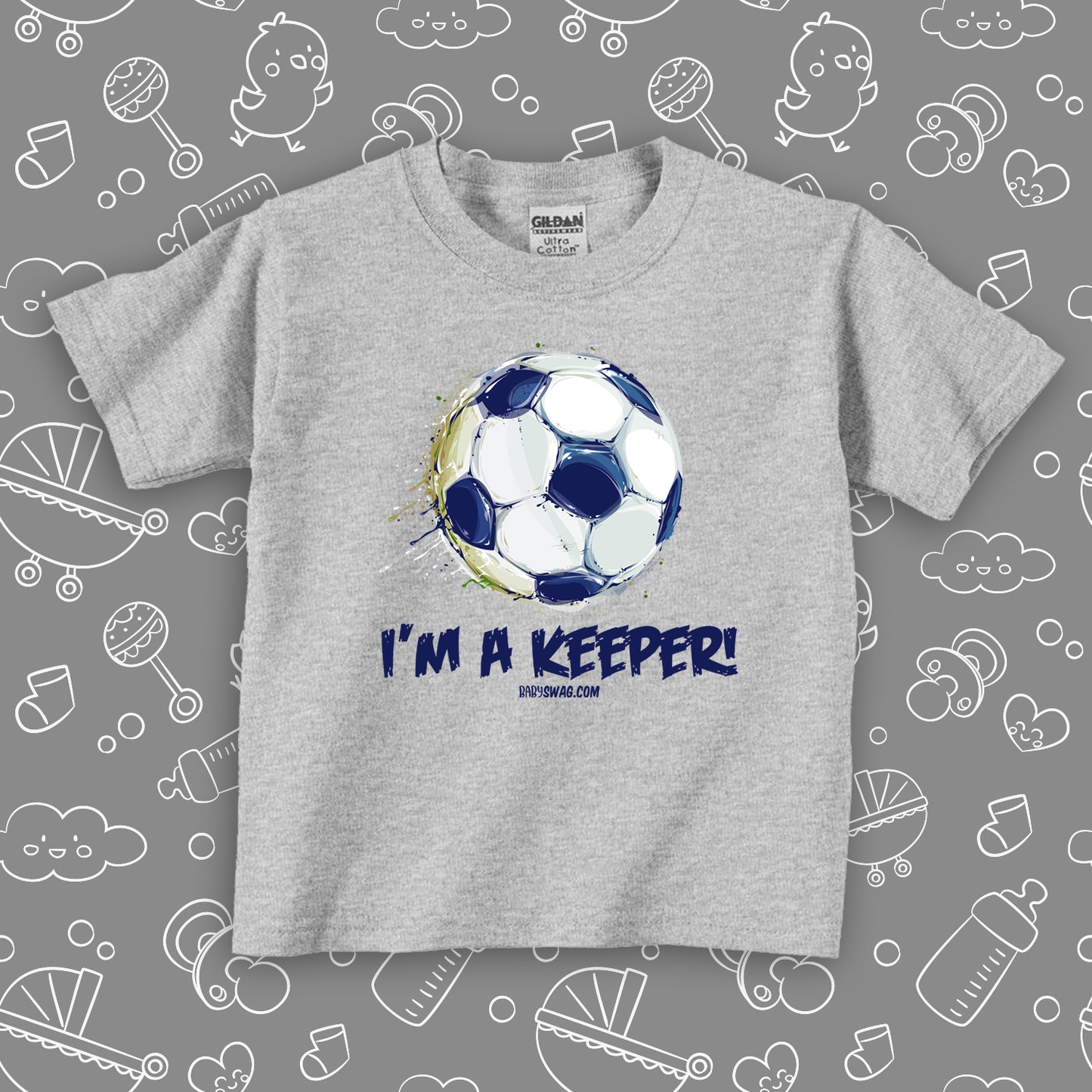 Toddler boy graphic tee with the caption "I'm A Keeper" in grey. 