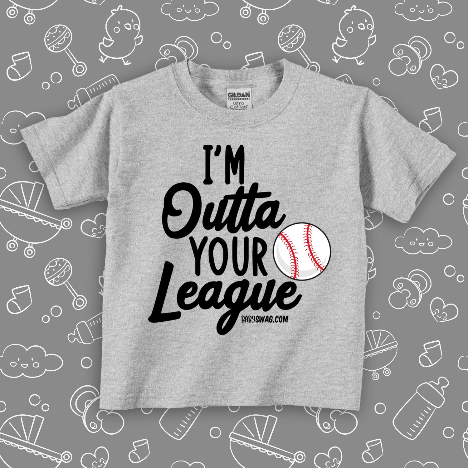 Toddler boy shirt with saying "I'm Outta Your League" in grey. 