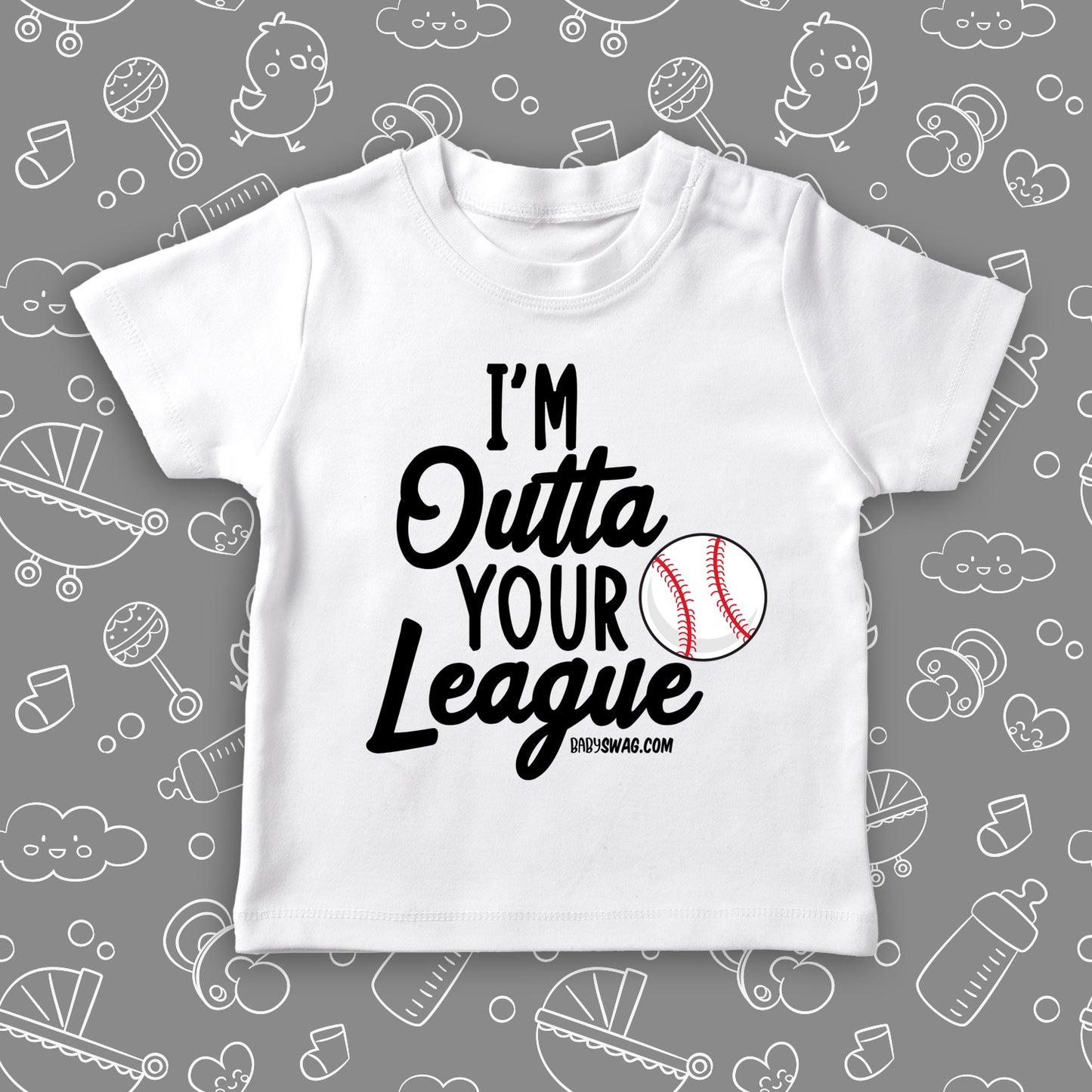 Toddler boy shirt with saying "I'm Outta Your League" in white.