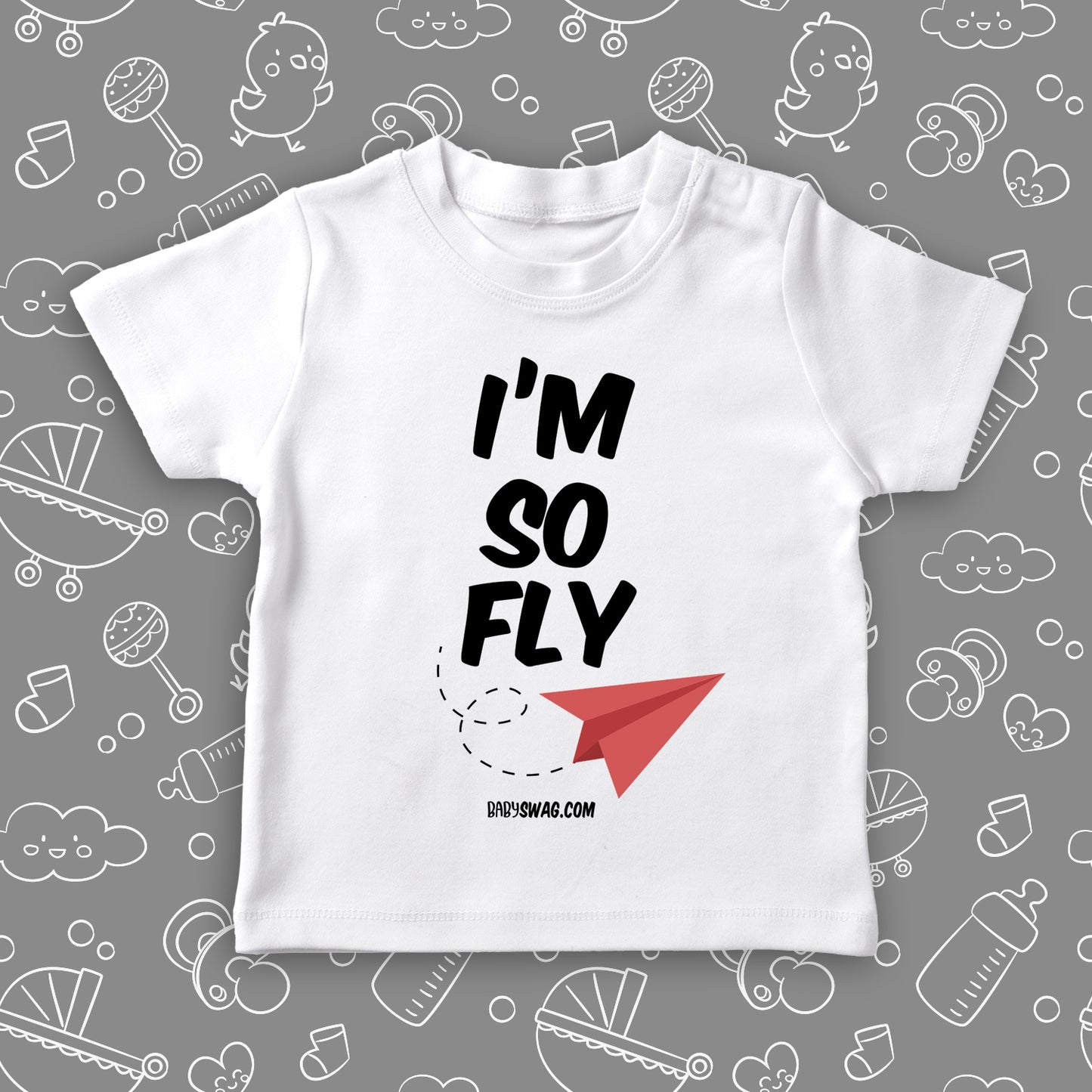 Cute toddler shirt with saying "I'm So Fly" in white.