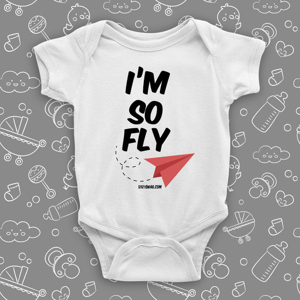 Unique baby onesies with saying "I'm So Fly" in white.