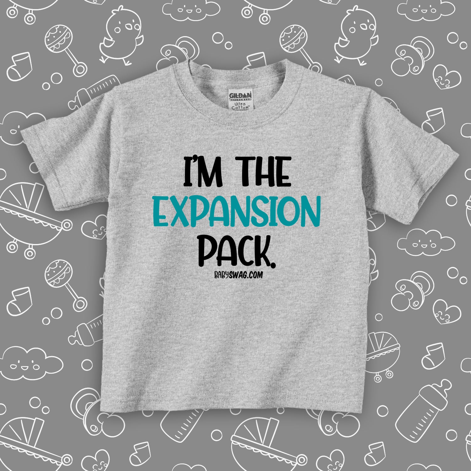 Toddler shirt with the caption "I'm The Expansion Pack" in grey. 