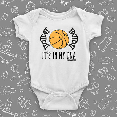 Cute baby boy onesie with saying "It's In My DNA" in white.