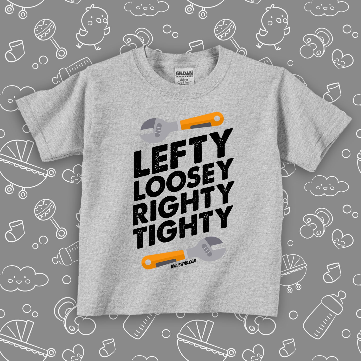 Toddler boy graphic tee with saying "Lefty Loosey Righty Tighty" in grey.  