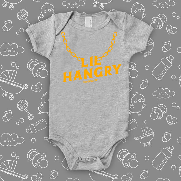 "Lil' Hungry" cool baby onesies in grey. 