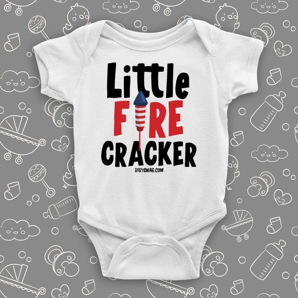 Cute baby onesie with saying "Little Fire Cracker" in white.