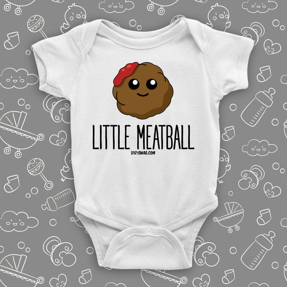 Graphic baby onesie saying "Little Meatball" in color white.