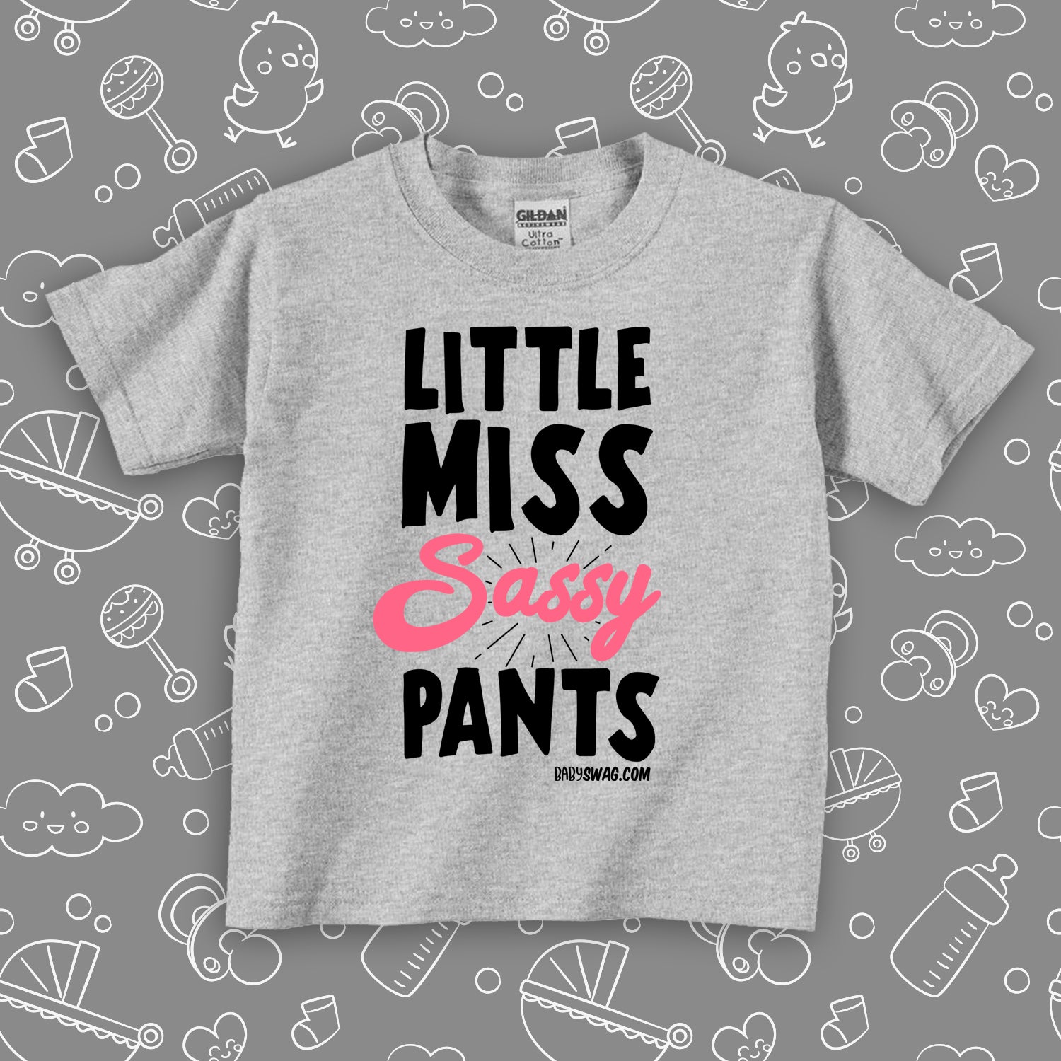 Grey toddler girl shirt with saying "Little Miss Sassy Pants".